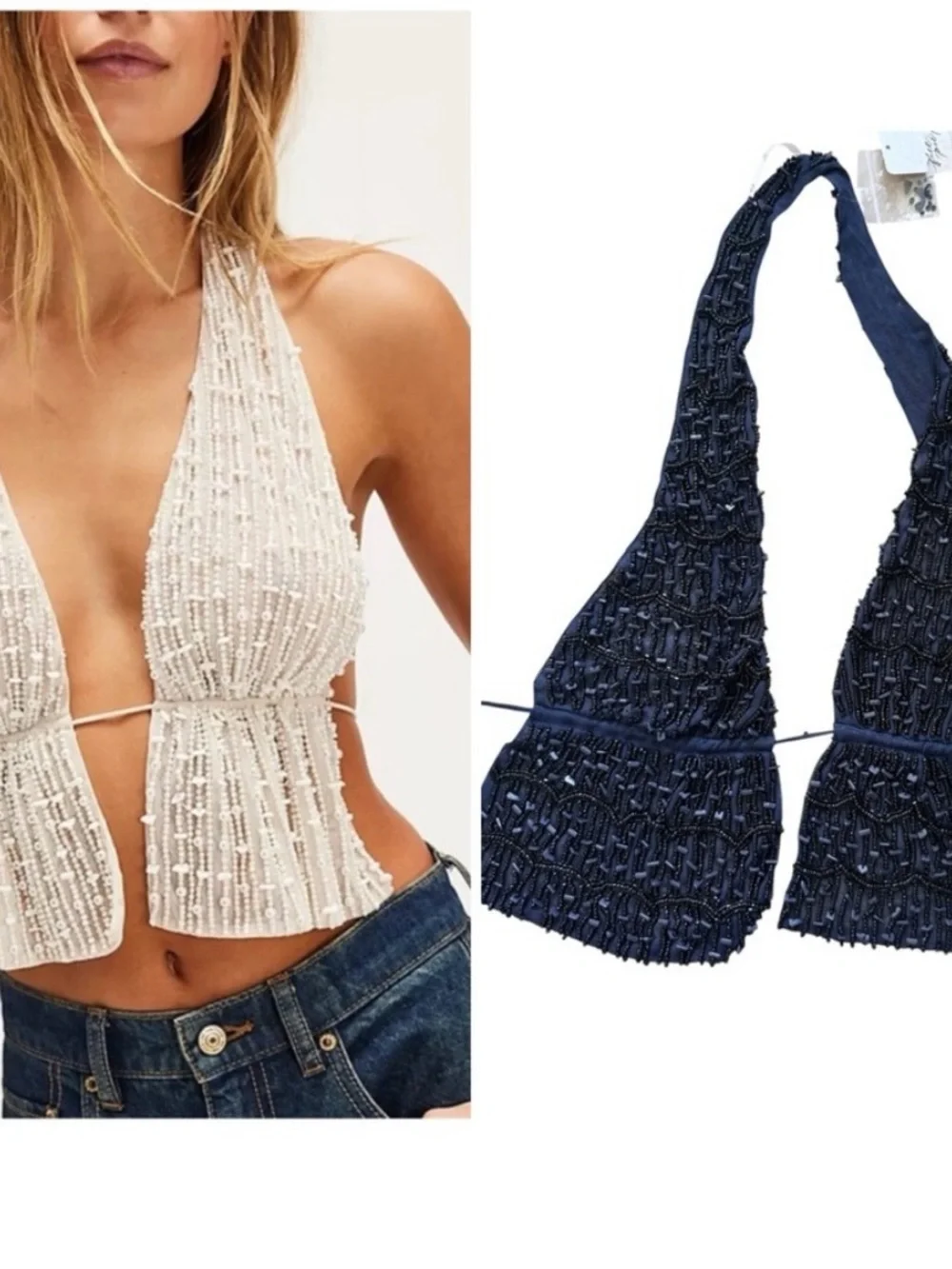 Free People Ibiza Nights Navy Beaded Open Back Halter Top